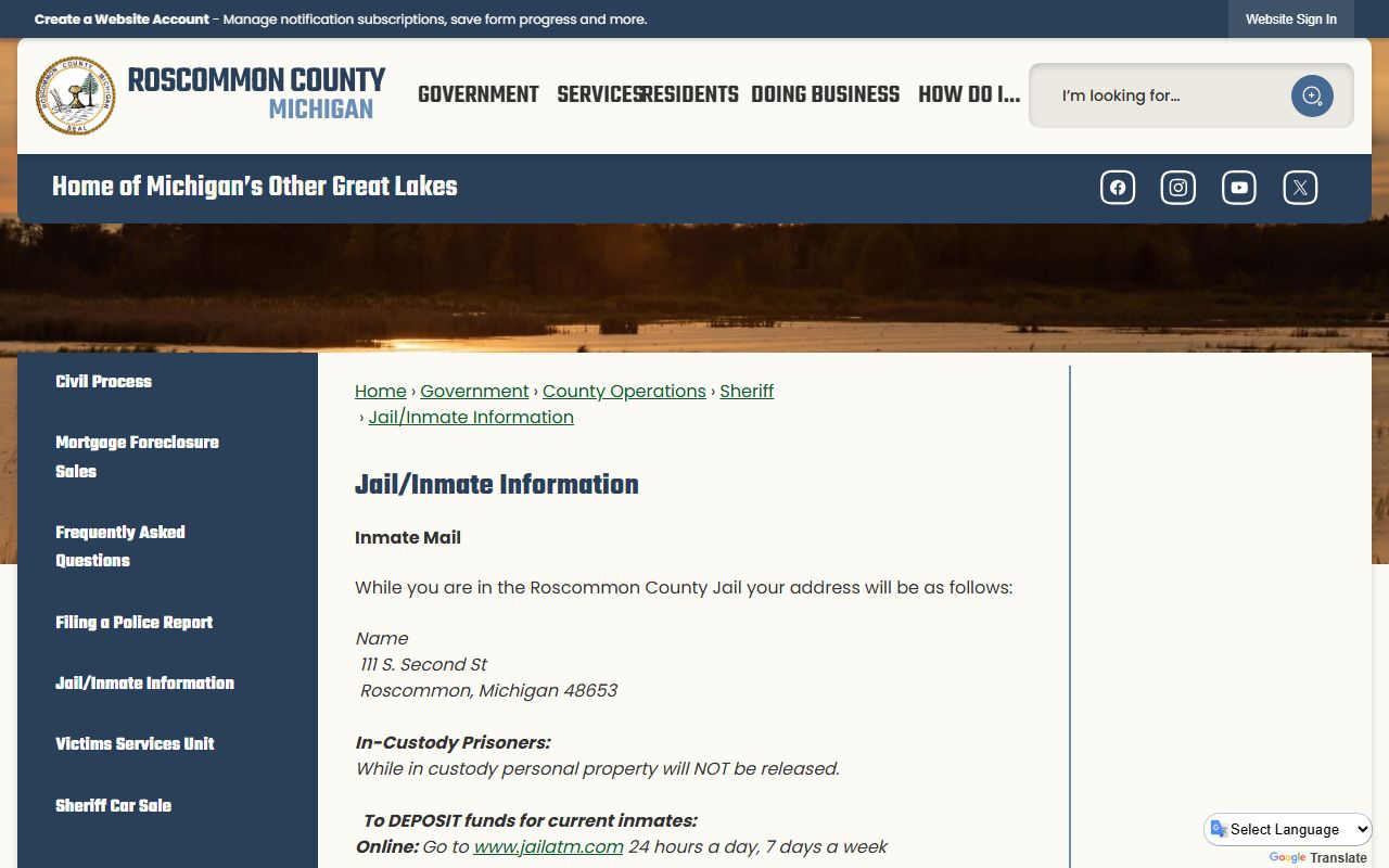 Roscommon jail inmate information for Oscoda County inmate mail deposits and visitation